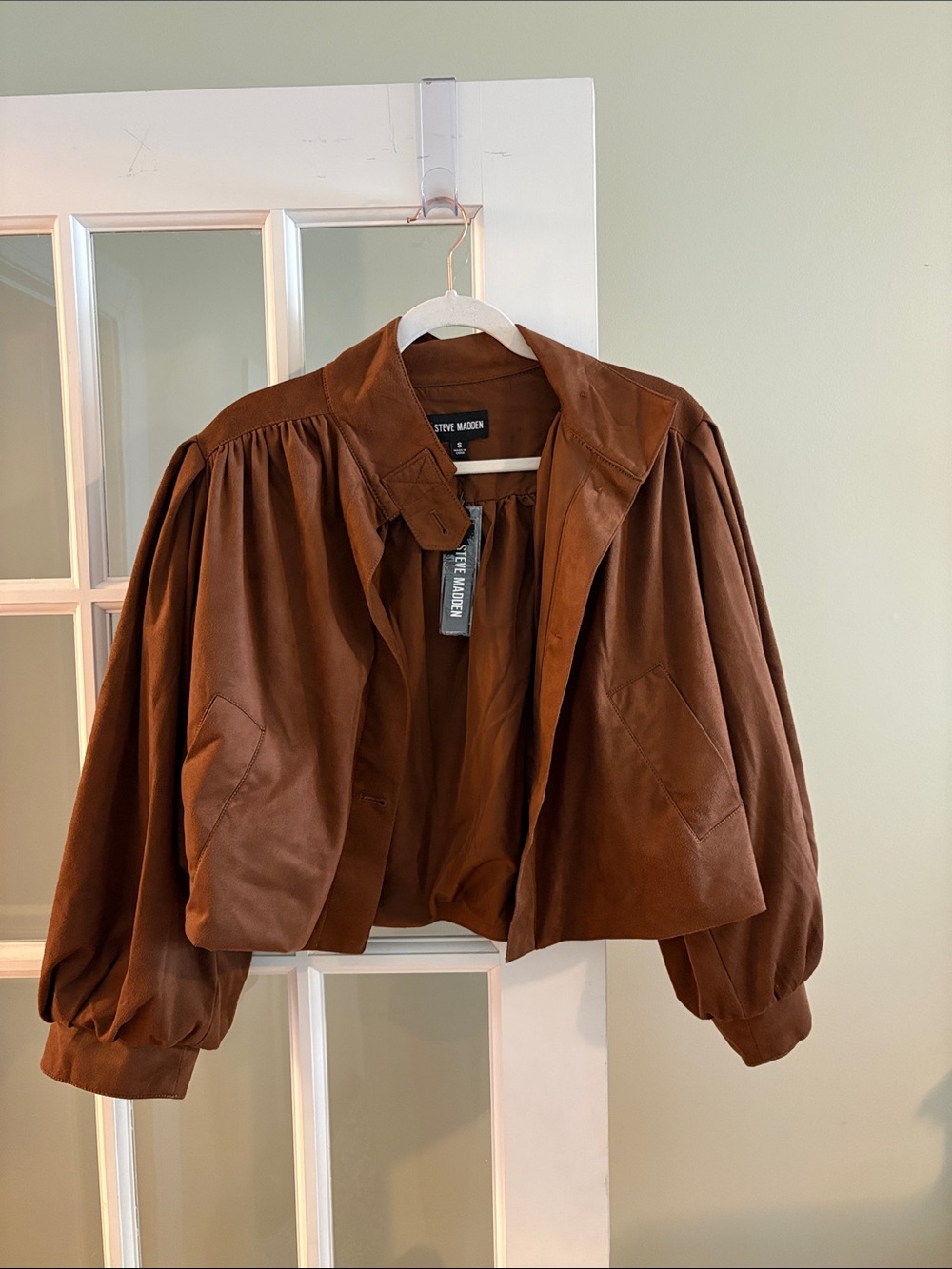 Steve Madden Deirdra Suede Bomber Jacket with Gathered Sleeves - Chicory Coffee